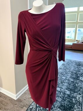 Lauren Ralph Lauren Wine Faux Wrap Side Knot Sheath Dress Sz 8 Lined